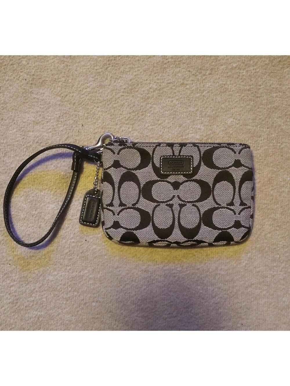 COACH Mini Wristlet Signature Logo Black Pattern Color: Grey Black